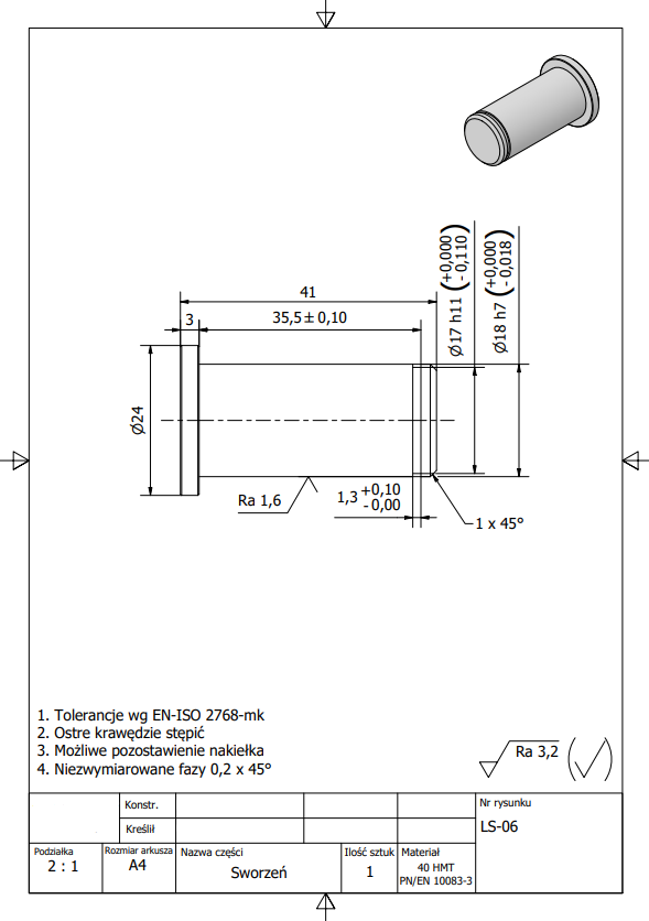 Dokumentacja techniczna CNC – rysunek do produkcji detalu w procesie produkcji CNC